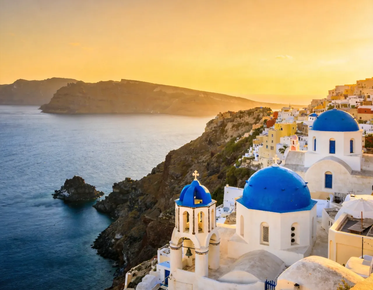 Santorini atmospheric destination scene for pet portraits