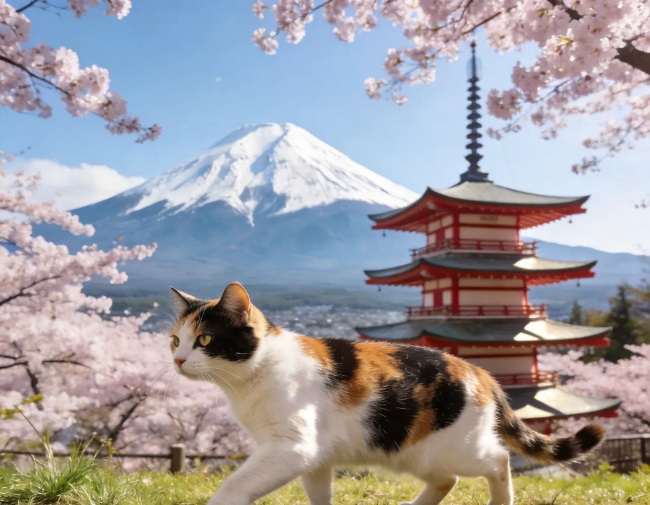 Calico Cat at Mount Fuji AI Pet Travel Photo